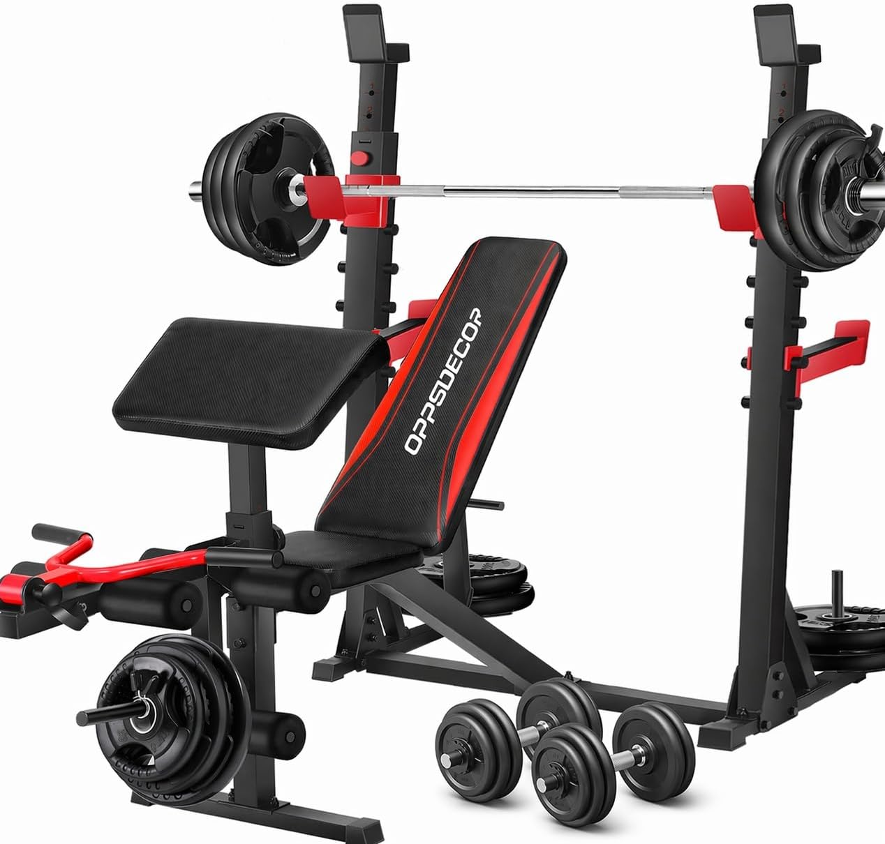 OPPSDECOR ASTM-Certified 900LBS Weight Bench Set with Squat Rack &amp; Leg Extension, Preacher Curl Workout Bench &amp; Bench Press Set for Home Gym Full Body Training