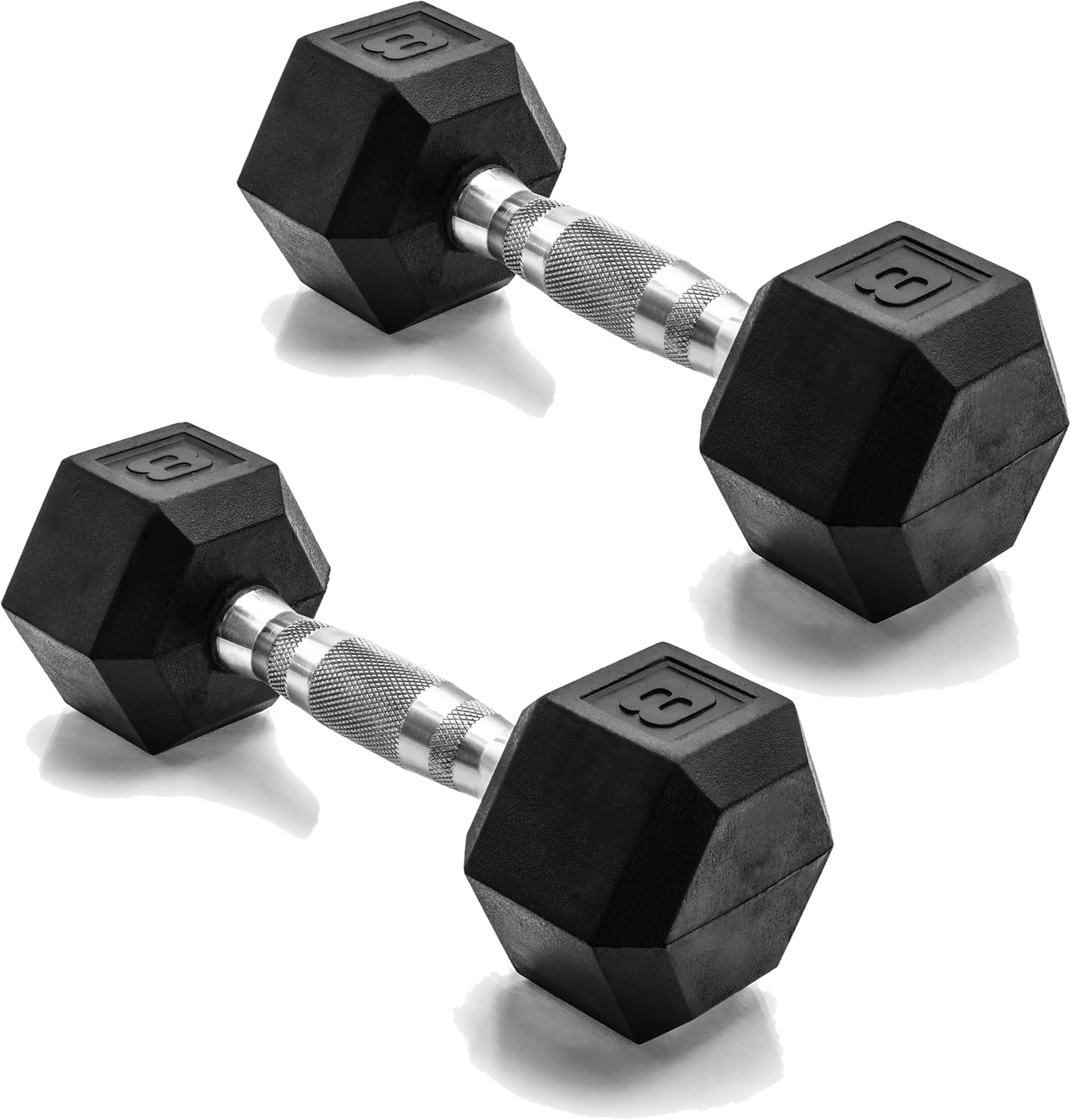 CAP Rubber Coated Dumbbell Weights, Anti-Roll Hex Dumbbells with Black, Chrome and Comfort Grip Handles, Pairs and Sets